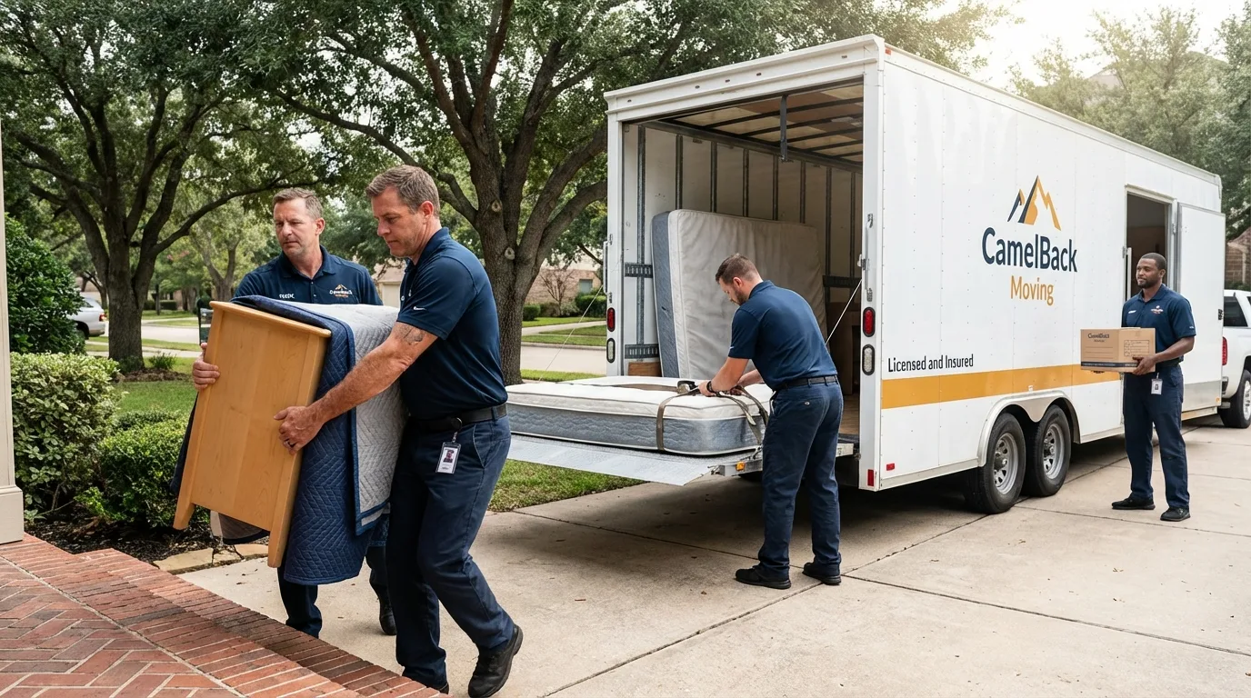 Crew loading residential truck for cross-state move from Henryville, IN