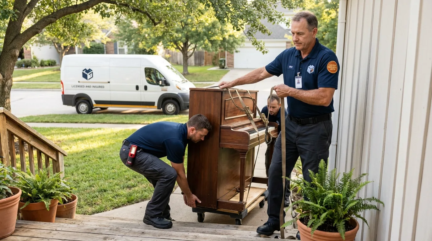 Licensed piano movers securing grand piano in Henryville, IN