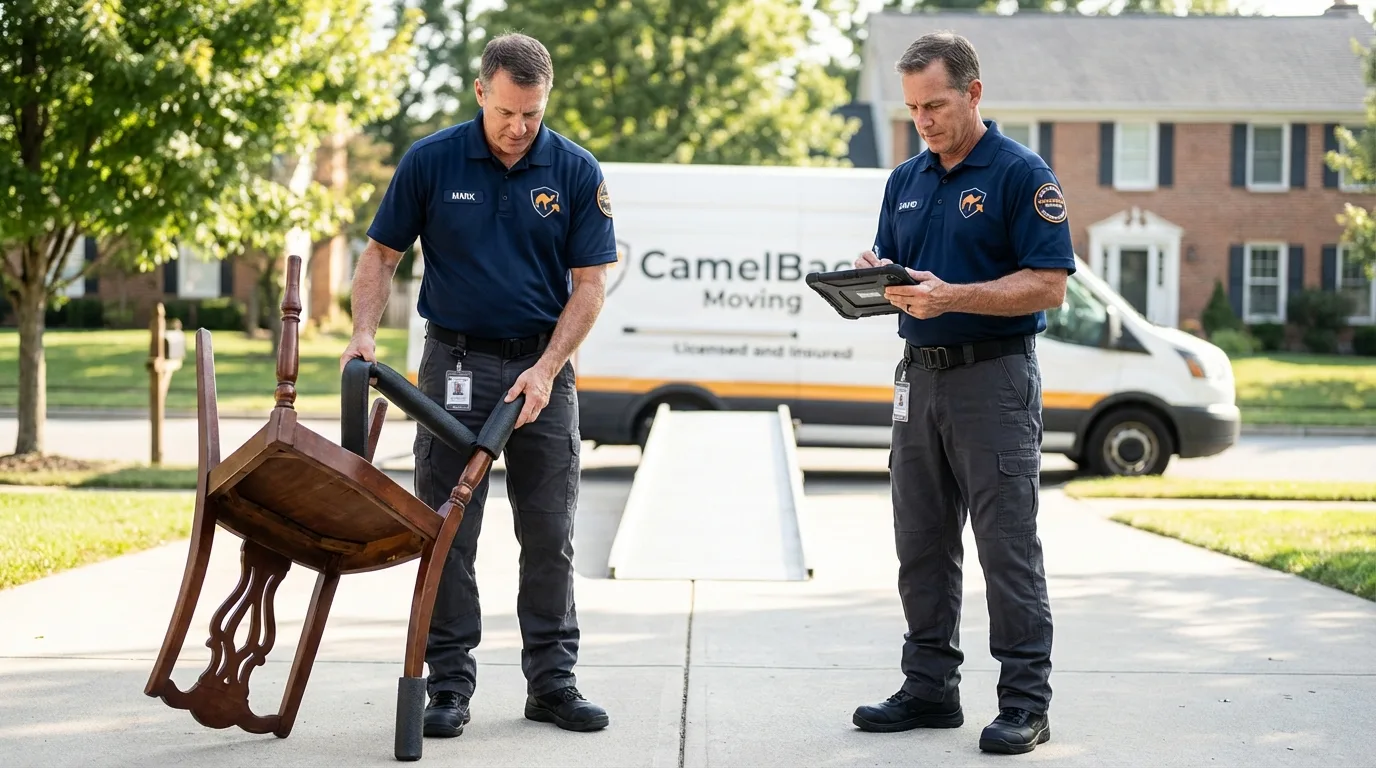 Movers inspecting furniture for damage prevention before loading in Henryville, IN