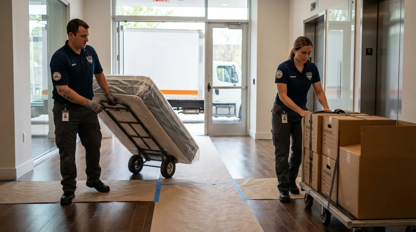 Professional apartment movers loading elevator in Henryville, IN