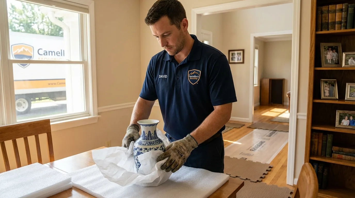 Professional crew carefully wrapping antique vase for senior downsizing move in Henryville, IN